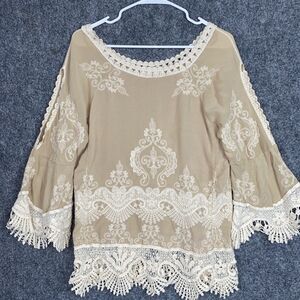 Solitare Shirt Womens Size M Beige Crochet Embroidery Boho Hippie Artsy